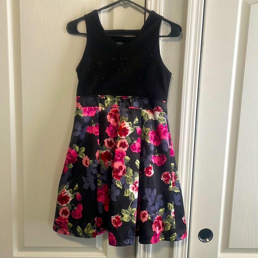 NWT black and floral party dress. Girls size 14